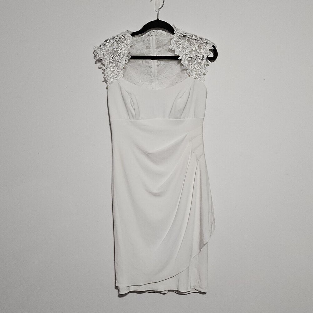 CACHE Dress Sz 8 Formal Bridal Reception Wedding Ivory‎ Lace Ruched Knee Length